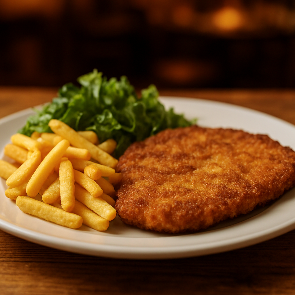 Schweizer Schnitzel mit Pommes frites und frischem Salat