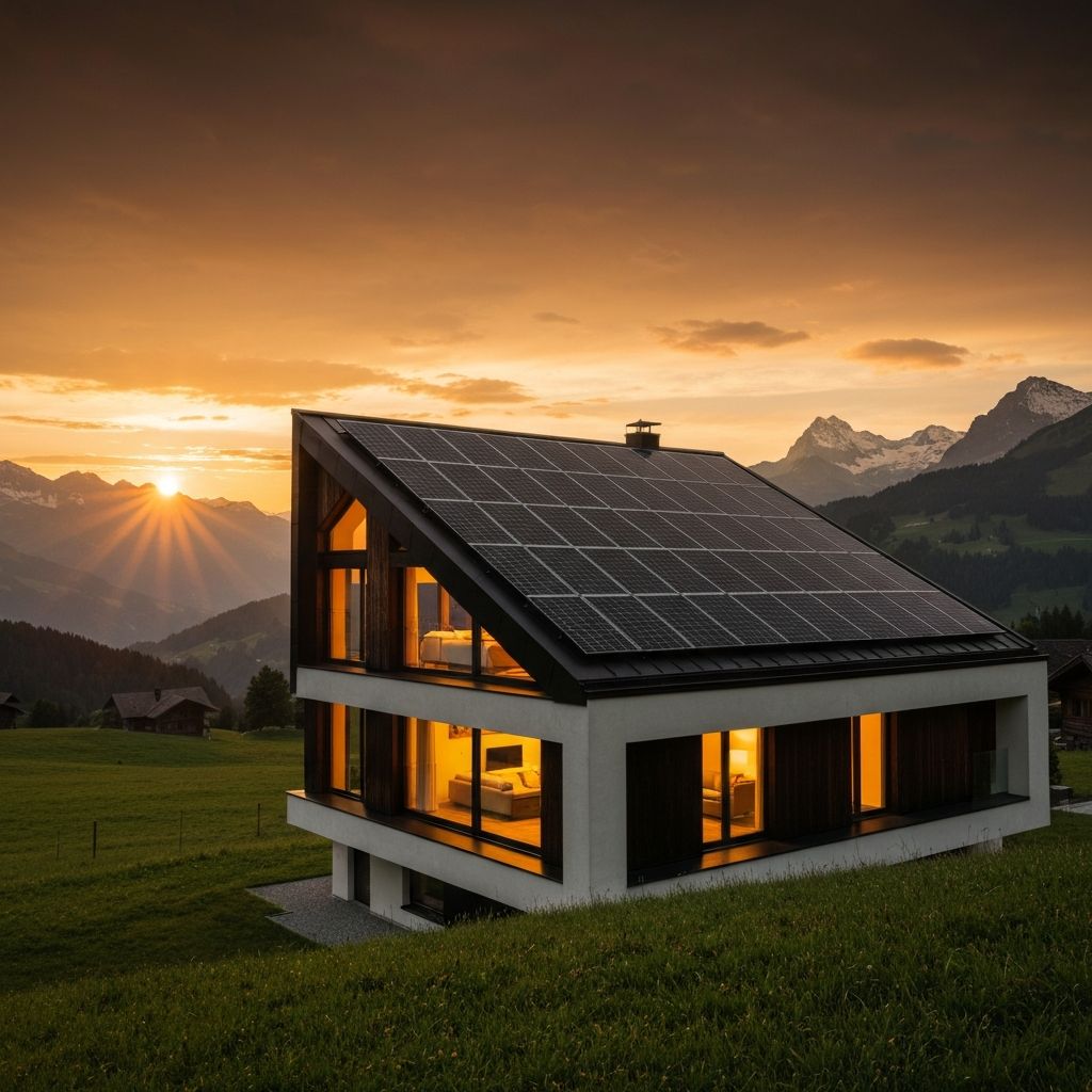 Modernes Schweizer Einfamilienhaus mit Photovoltaikanlage auf dem Dach im warmen Licht eines Bergsonnenuntergangs