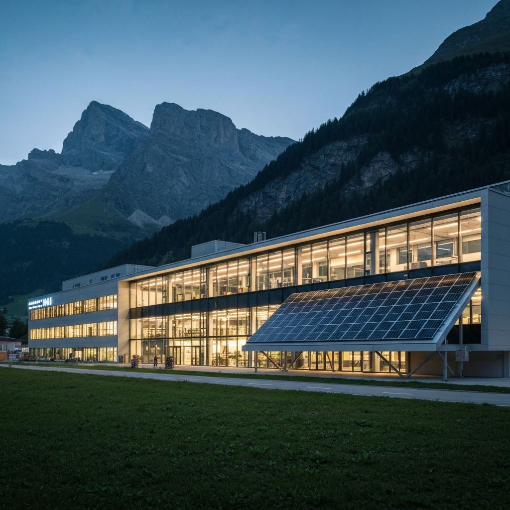 Modernes Industriegebäude von EQ Systems mit grossflächiger Photovoltaikanlage im Alpenpanorama