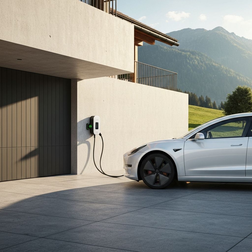 Elektroauto an einer Wallbox vor einem modernen Schweizer Eigenheim