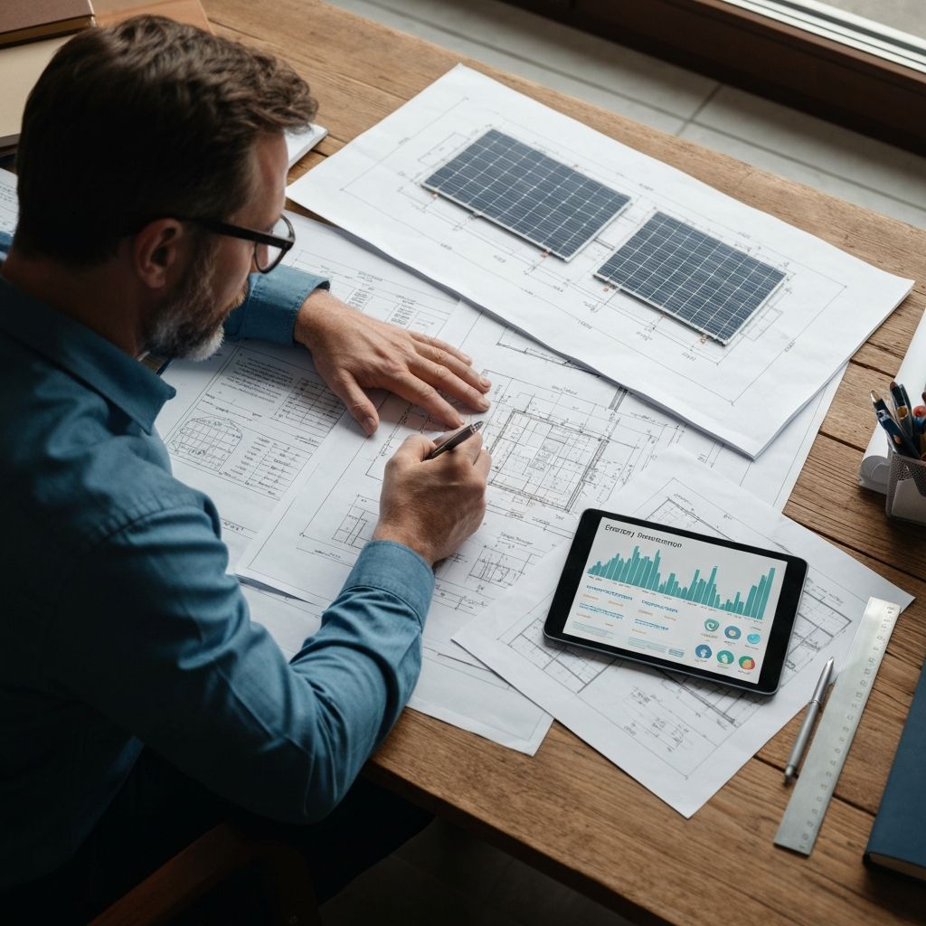 Energieberater analysiert Baupläne und Solar-Layout auf einem Tisch