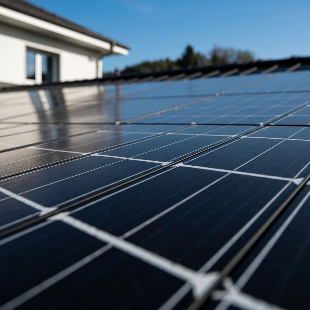 Photovoltaikmodule auf einem modernen Schrägdach im Sonnenlicht