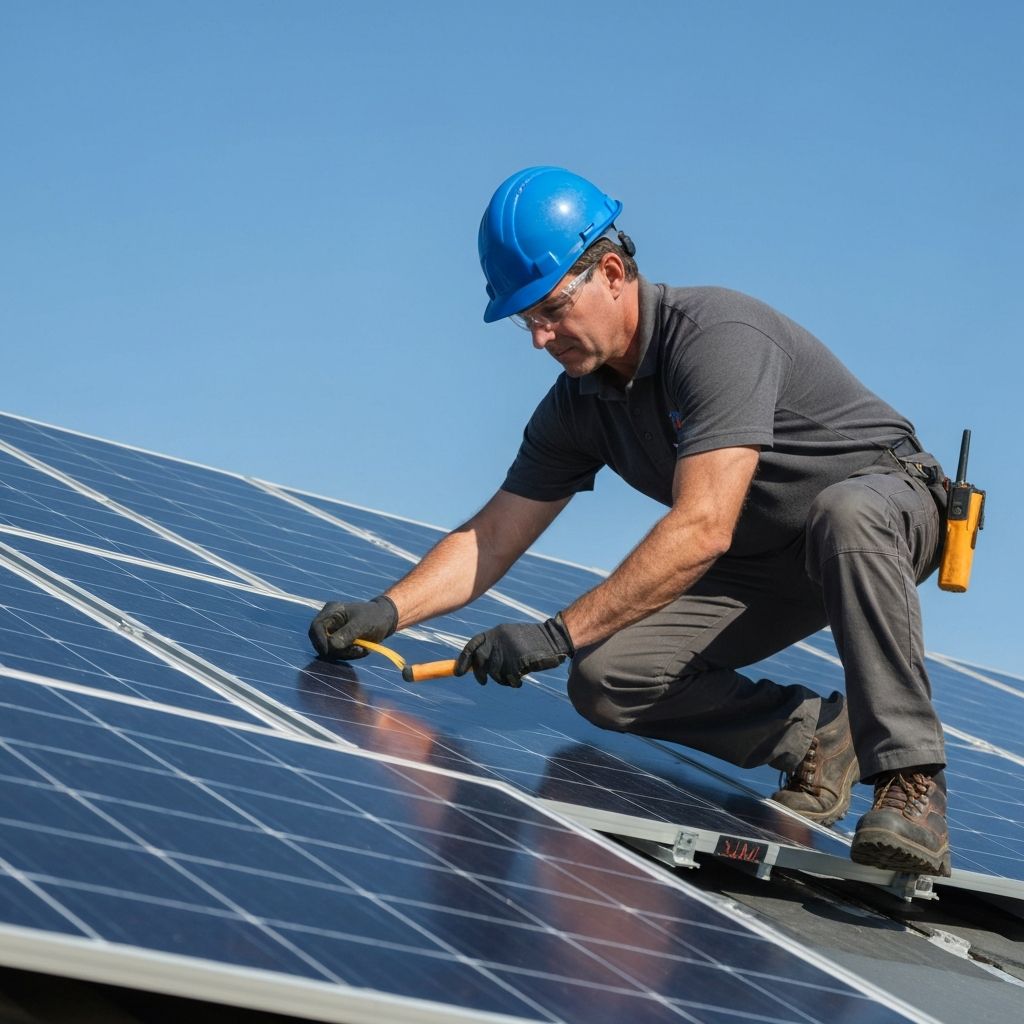 Techniker bei Wartungsarbeiten an einer Photovoltaikanlage auf dem Dach